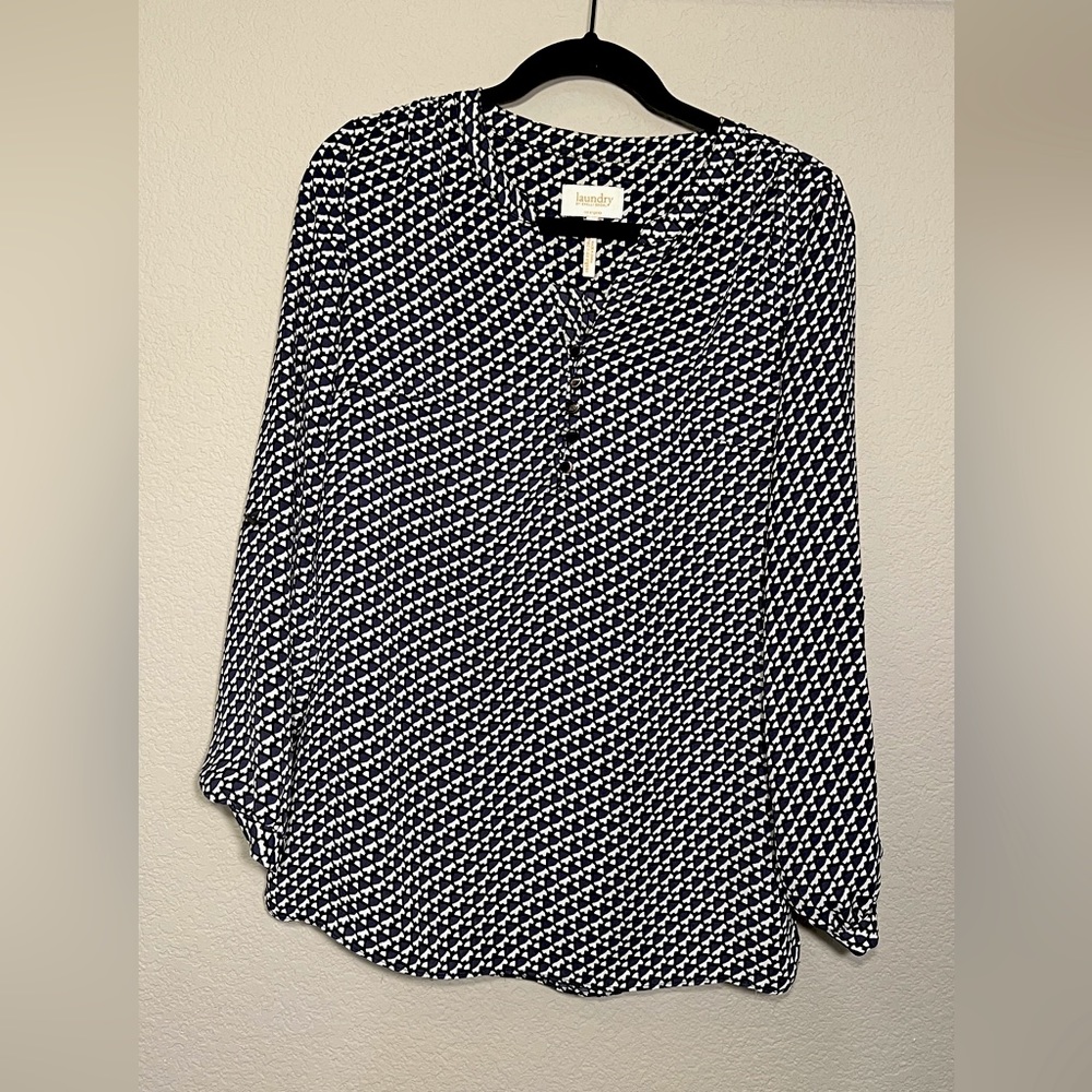 Laundry | Blue Indigo White Pattern Print Blouse Top Metallic Buttons